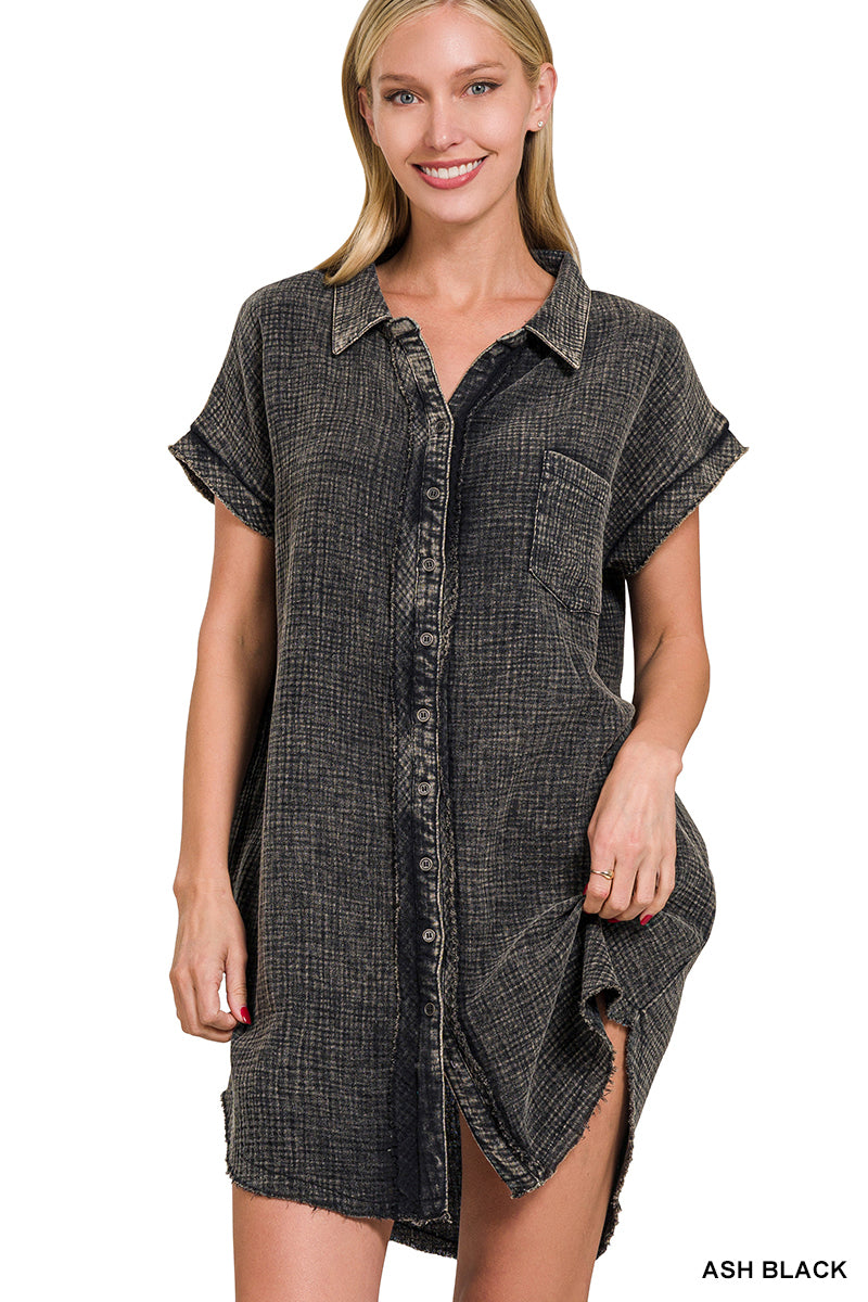 Zenana - Gauze Button Down Shirt Dress