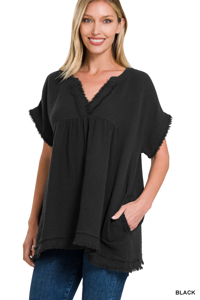 Zenana Gauze Raw Edge Short Sleeve V-Neck Shirt