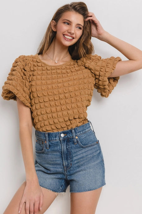 Ces Femme - Solid Textured Puff Sleeve Blouse
