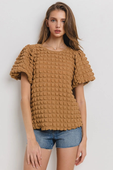 Ces Femme - Solid Textured Puff Sleeve Blouse